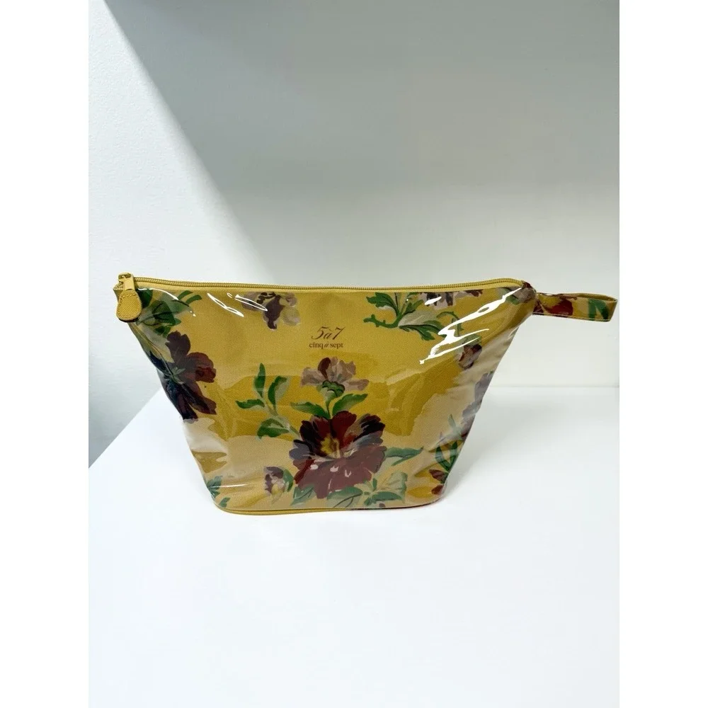 Cinq à Sept Mustard Floral Oversized XL Cosmetic Makeup Bag